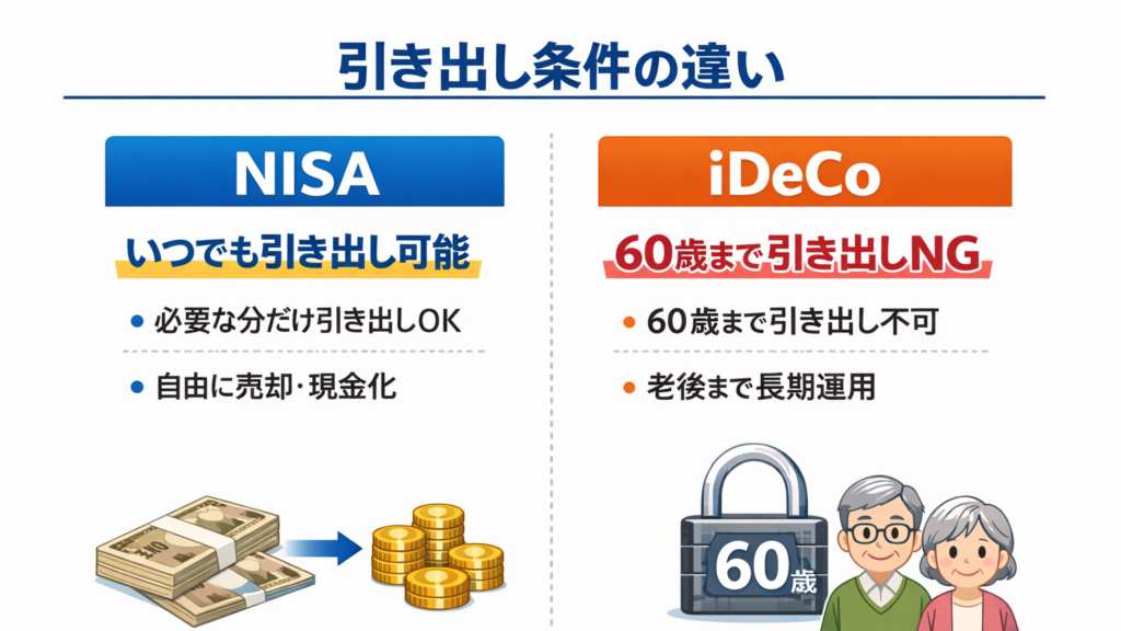 NISAとiDeCoの引き出し条件の違いをまとめた図解